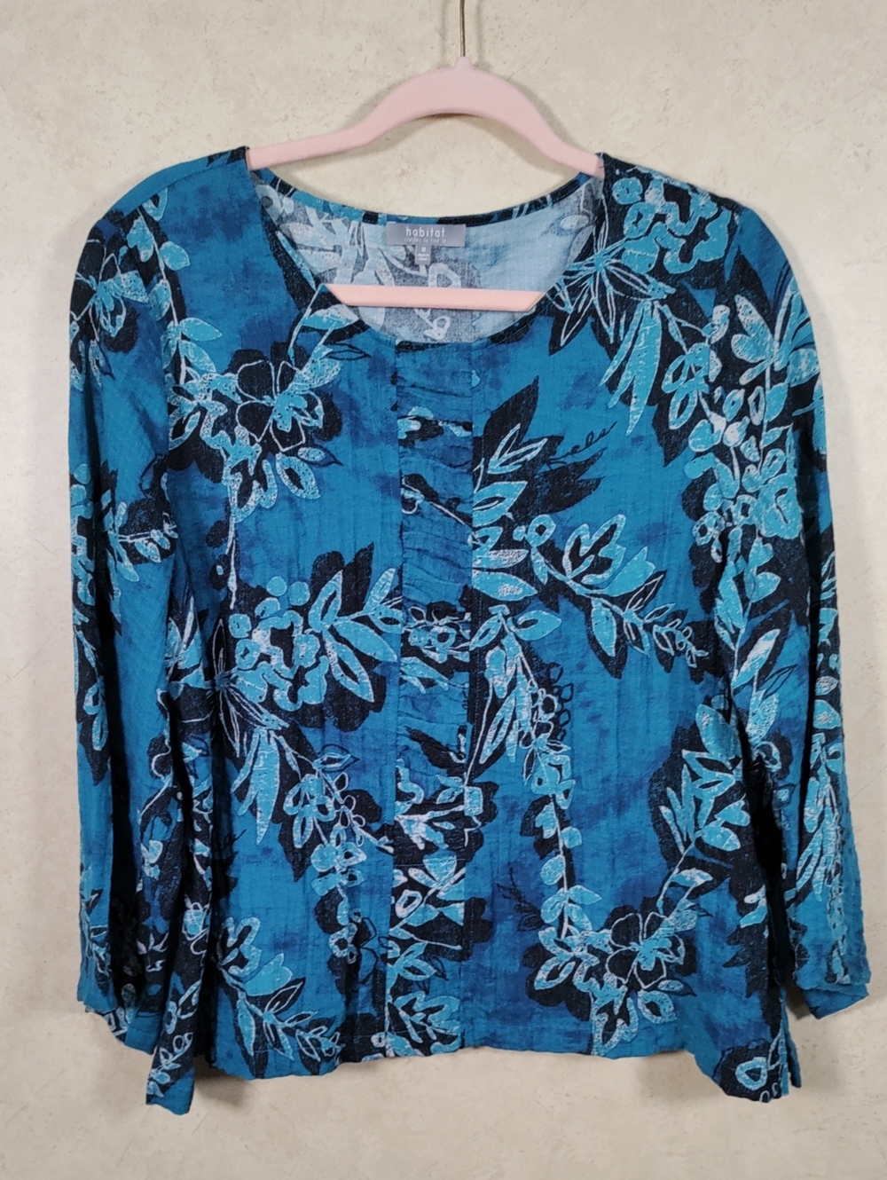 H170 Habitat Teal Floral Ruched Trim Women’s Top M